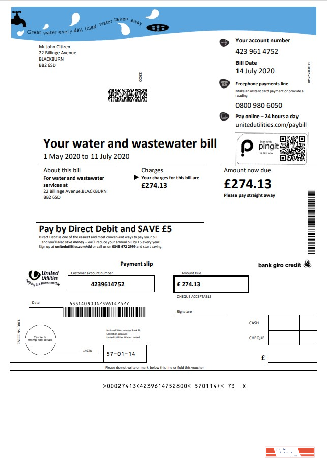 United Kingdom United Utilities water utility bill template in Word and PDF format